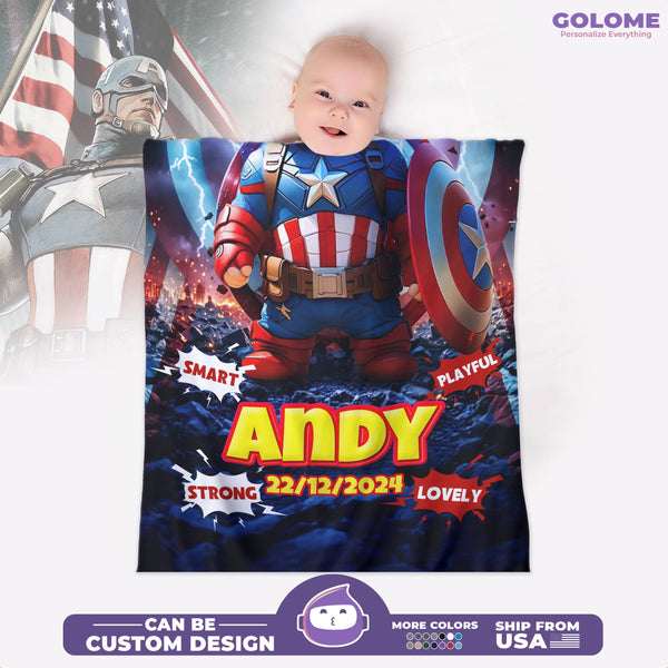 Personalized Baby Superhero Blanket – Captain America Style | Custom Name & Birthdate | 30"x40"